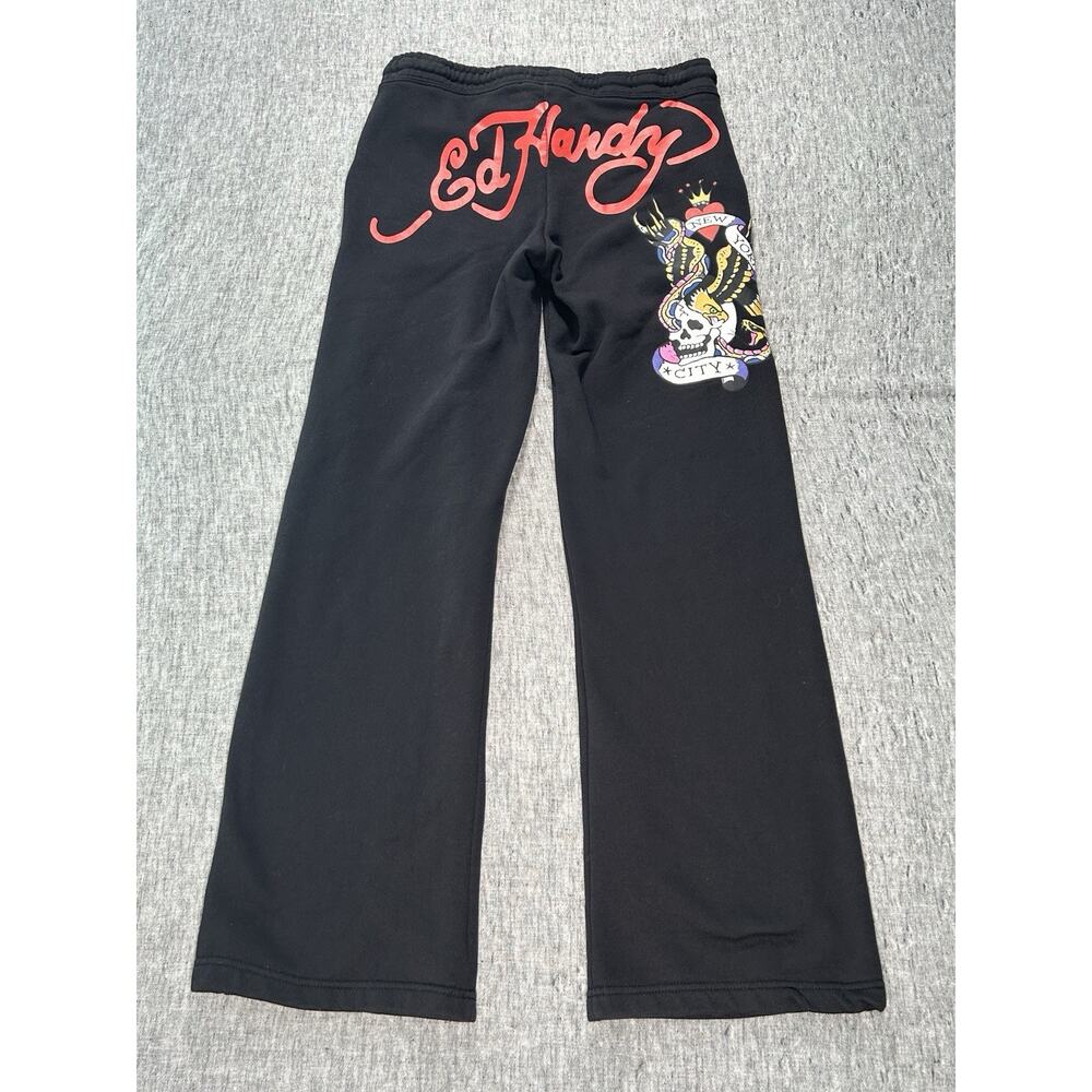 Ed Hardy Sweatpants Womens Large 32" Black Fleece Flare Y2K Tattoo Streetwear - Picture 12 of 15